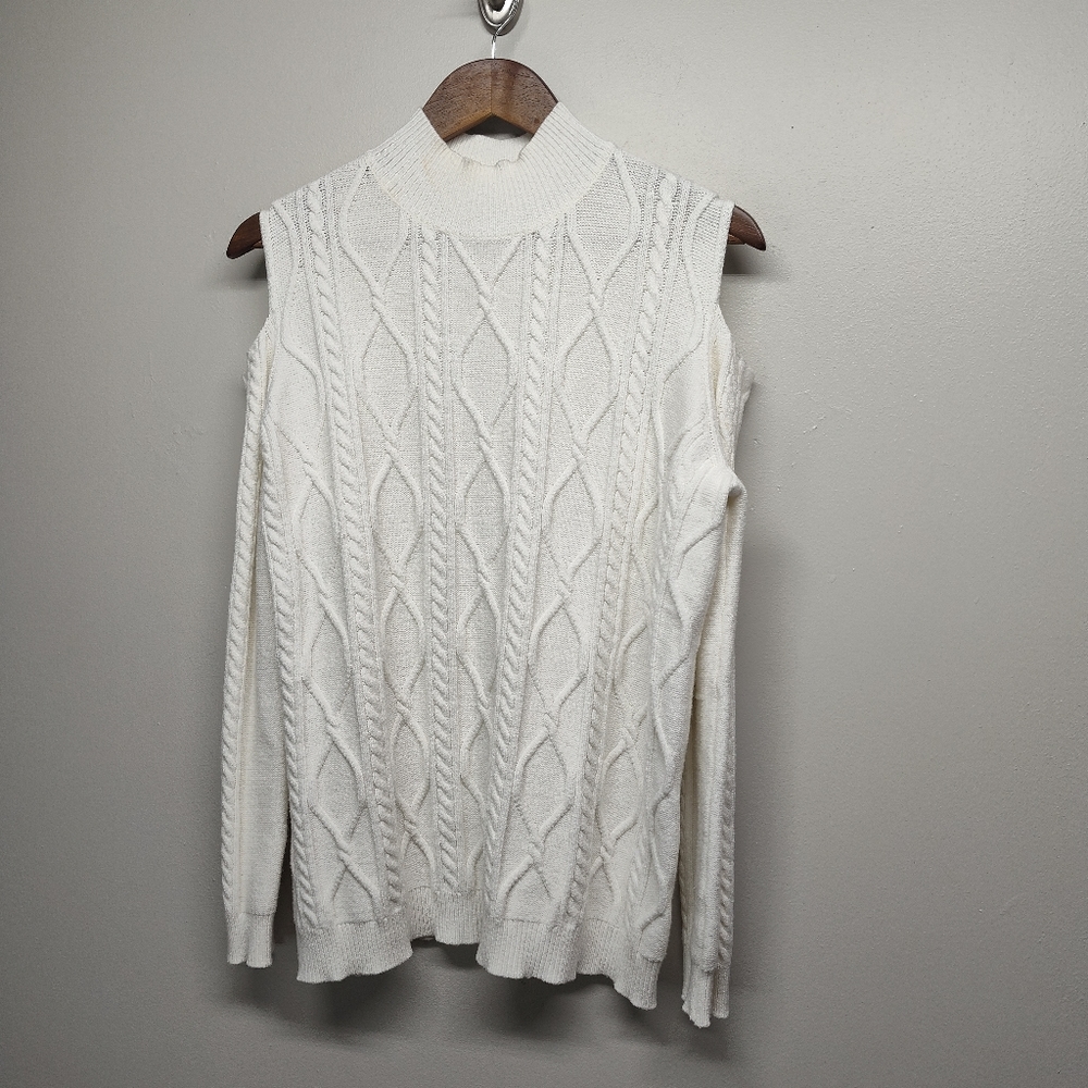 Do+Be Cable Knit Cold Shoulder Sweater Women Size L White Long Sleeve Fall